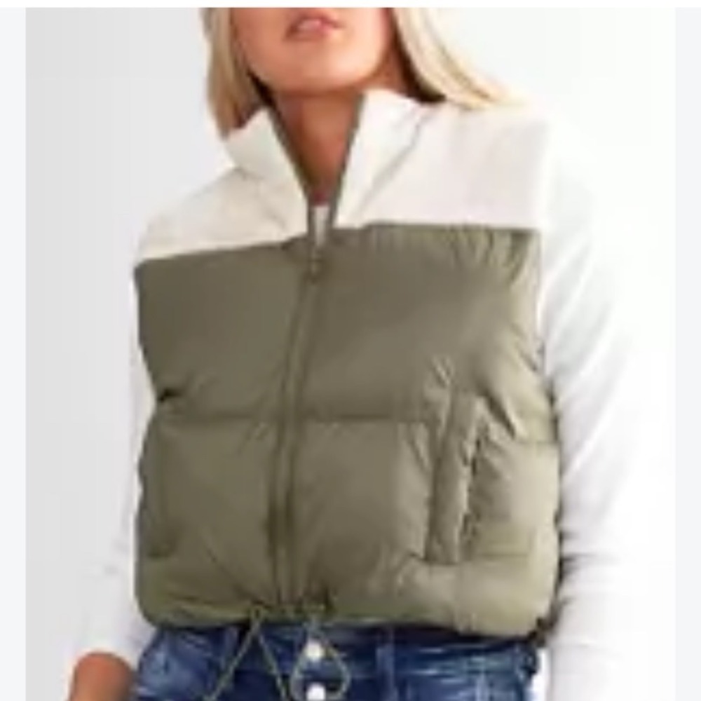 BKE Womens Puffer Vest Olive Green Cream Fleece Neck Full Zip Size Large